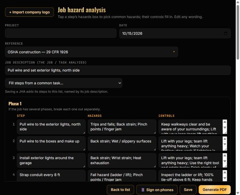 Job Hazard Analysis (JHA) screenshot